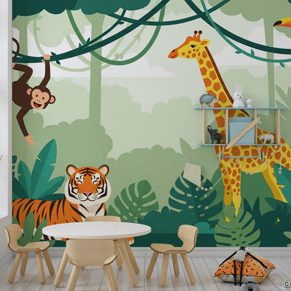 Kids-Mundo jungle monkey and toucan wall mural featured in a kids bedroom