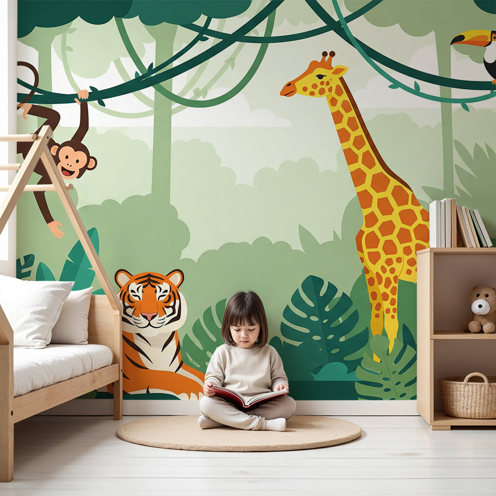 Kids-Mundo jungle tiger and giraffe wall mural styled in a bright nursery room
