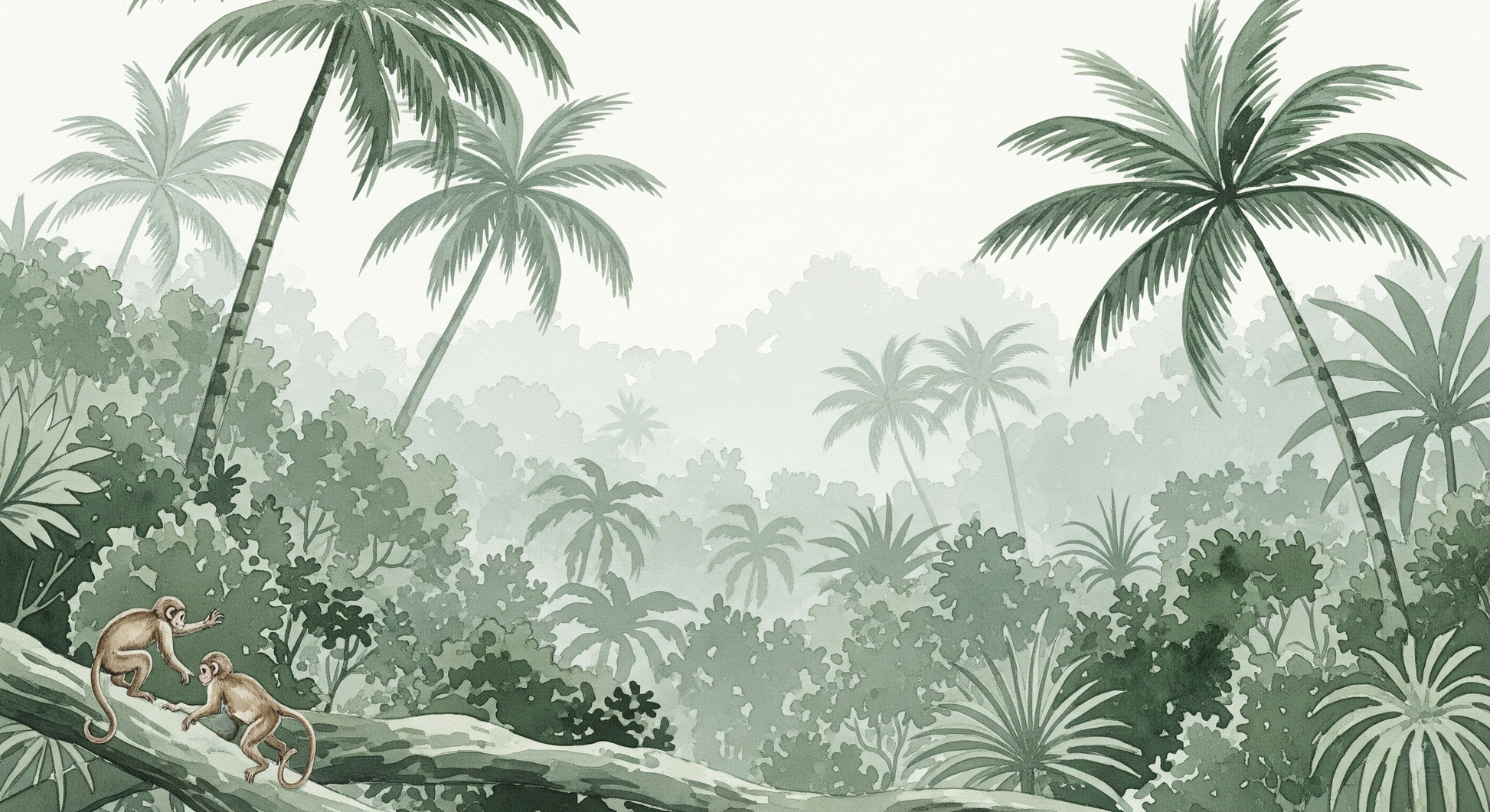 Kids-Mundo flat artwork of the sage green jungle monkey wall mural design pattern