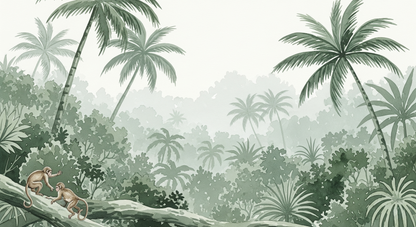Kids-Mundo flat artwork of the sage green jungle monkey wall mural design pattern