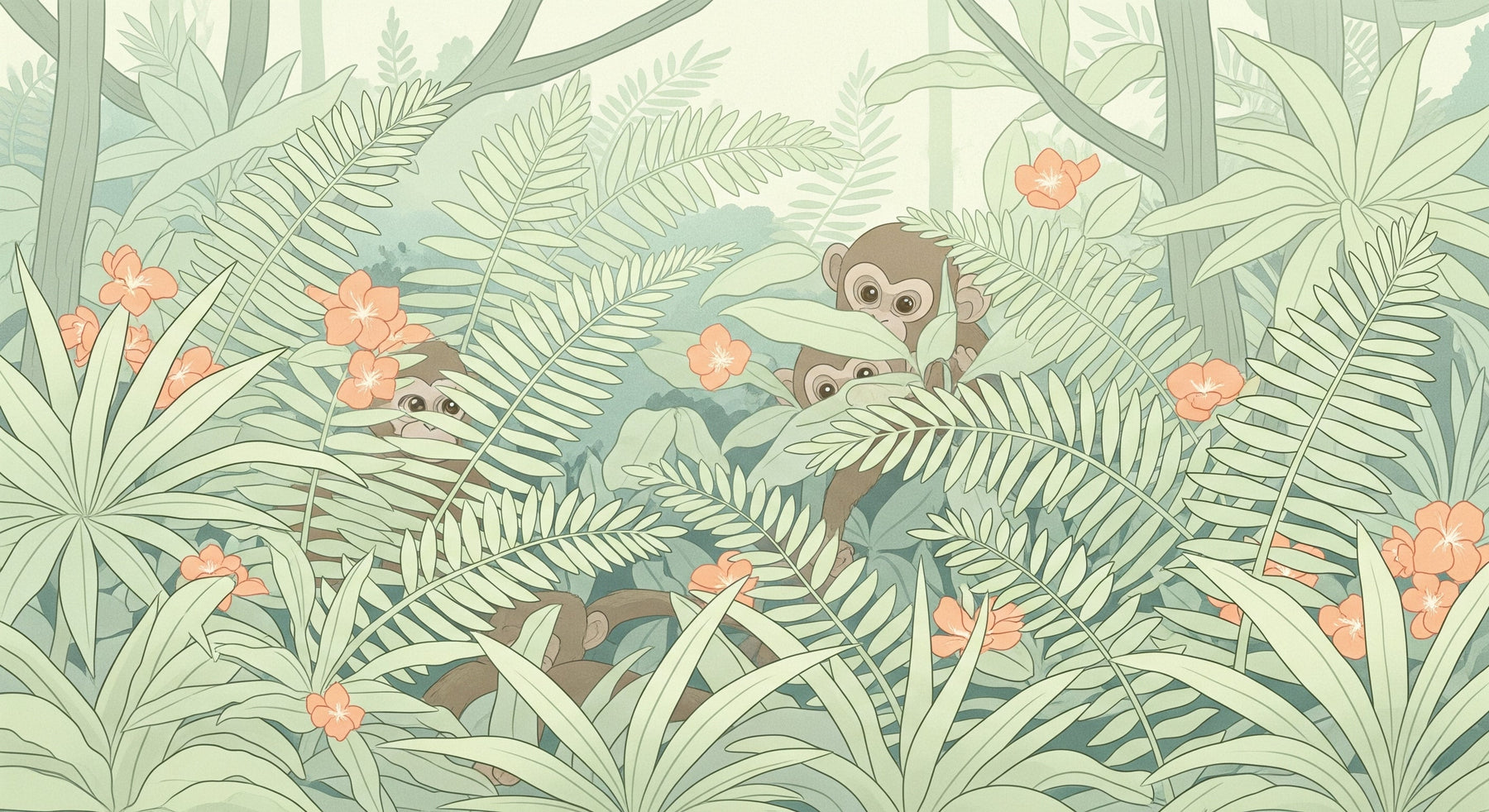 Detailed jungle monkeys mural wallpaper design pattern with tropical ferns and orange flowers by Kids-Mundo