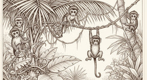 Detailed jungle monkeys mural wallpaper design pattern showing tropical primates and foliage by Kids-Mundo