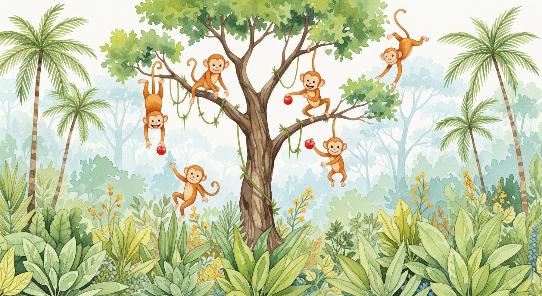 Detailed jungle monkeys mural wallpaper design pattern with tropical foliage by Kids-Mundo