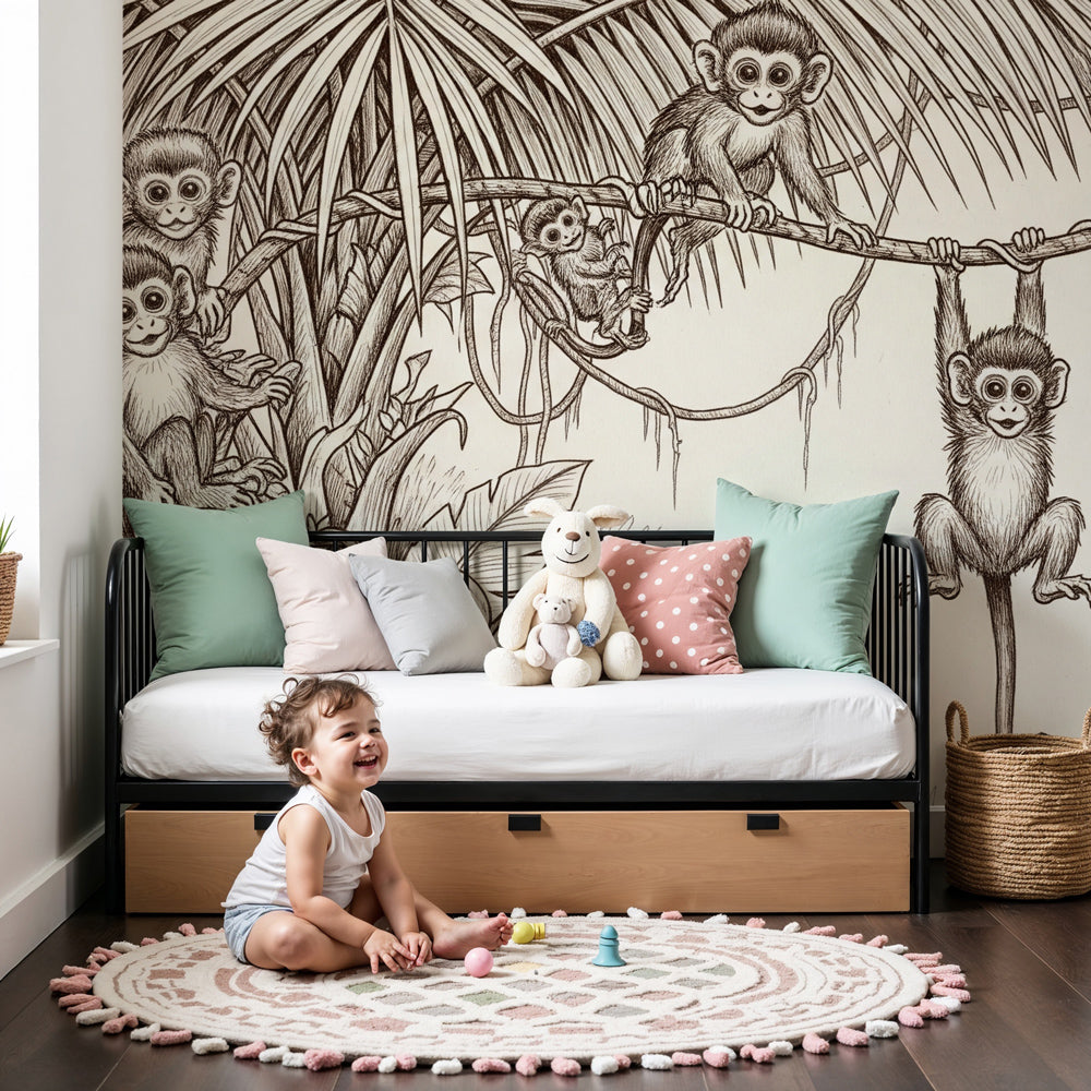 Jungle monkeys mural wallpaper creating adventurous nursery decor with playful primates by Kids-Mundo