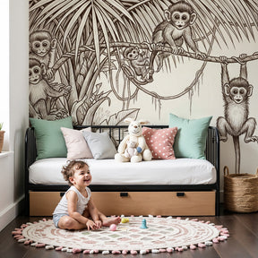 Jungle monkeys mural wallpaper creating adventurous nursery decor with playful primates by Kids-Mundo