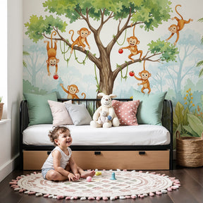 Jungle monkeys mural wallpaper in modern nursery with tropical safari theme by Kids-Mundo
