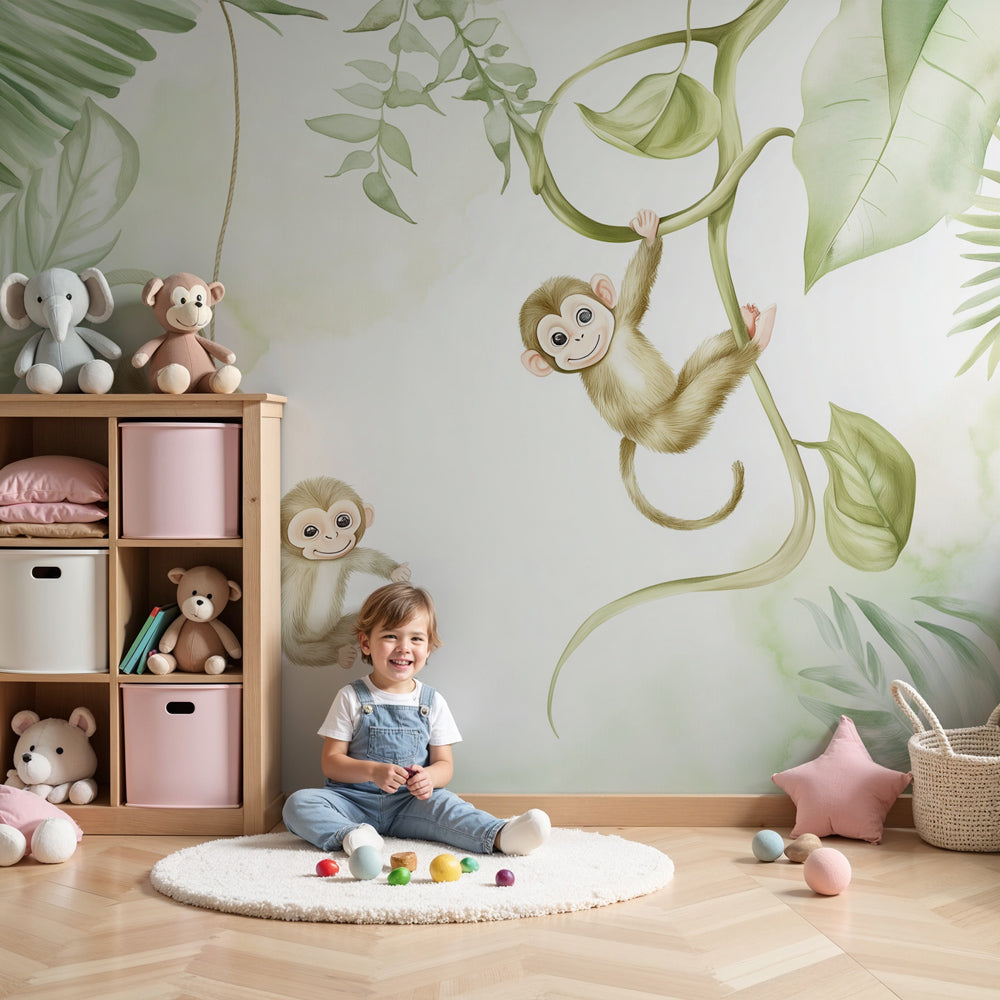 Jungle monkey mural wallpaper in modern nursery with green safari theme by Kids-Mundo