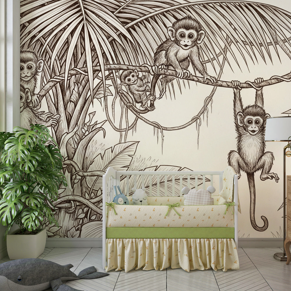 Children's jungle wallpaper featuring swinging monkeys in tropical setting for playroom decor