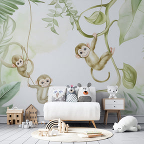 Safari monkey mural wallpaper transforming children's playroom into jungle adventure