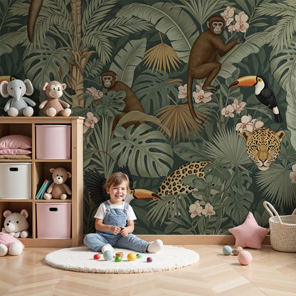 Kids-Mundo jungle wall mural with monkeys, toucans and leopards in a nursery