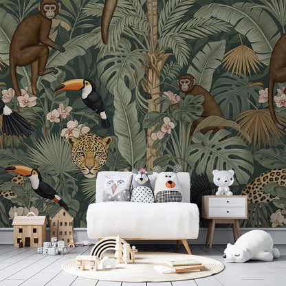 Kids-Mundo rainforest wall mural with monkeys, toucans and orchids in a playroom