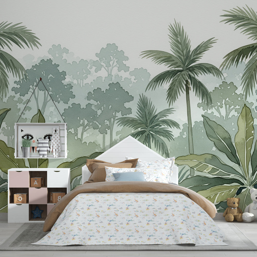 Botanical jungle mural wallpaper for kids room with natural green and beige tones by Kids-Mundo