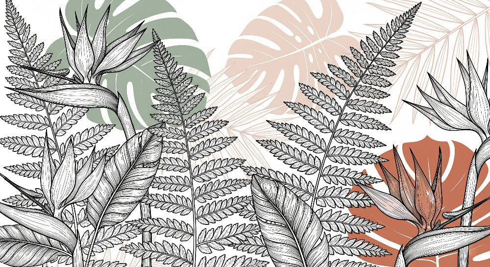 Detailed jungle mural wallpaper design pattern with hand-drawn botanical illustrations by Kids-Mundo