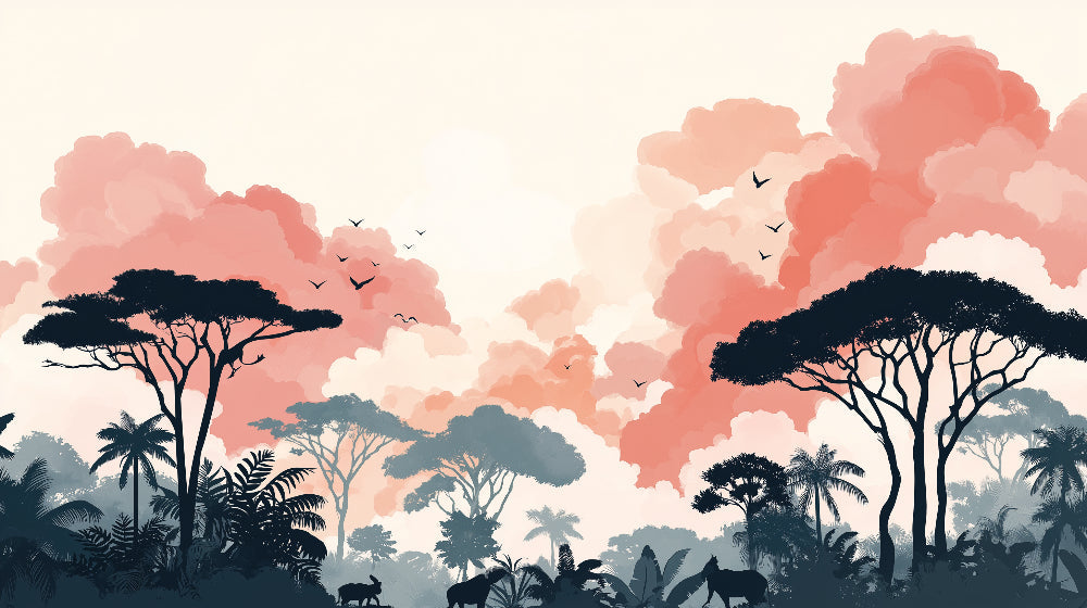 Detailed pastel jungle mural wallpaper design pattern with trees and clouds by Kids-Mundo