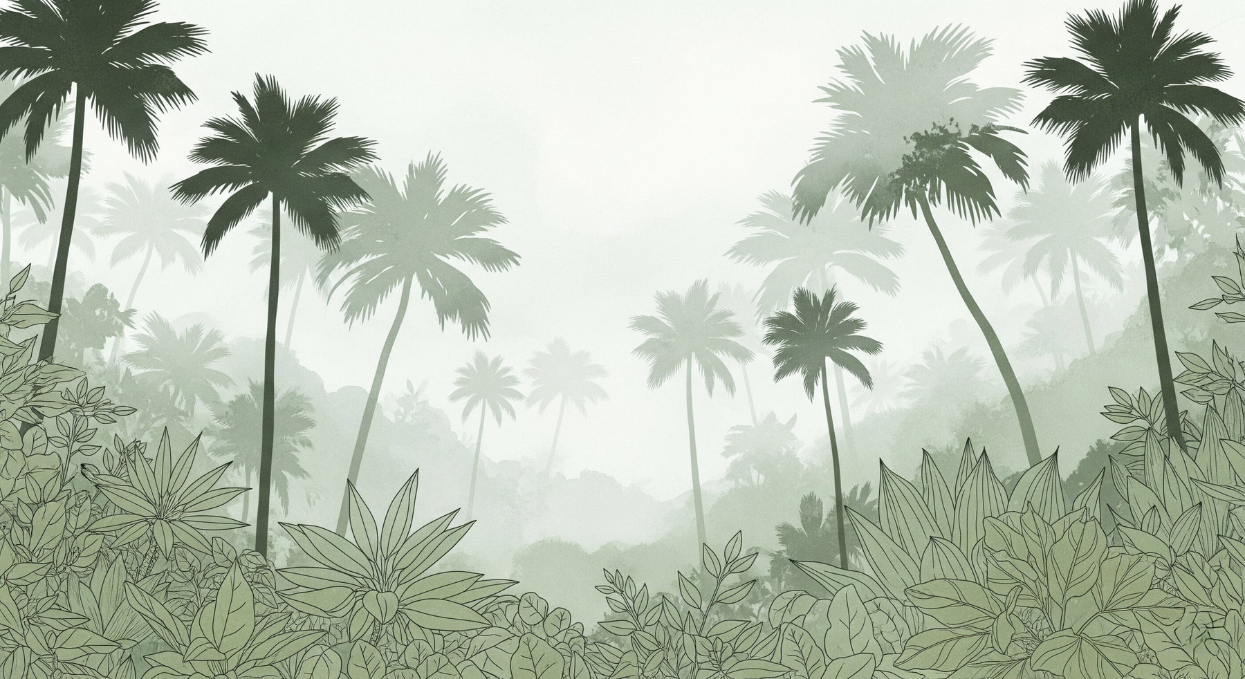 Detailed mystical jungle mural wallpaper design pattern showing palm trees and tropical foliage by Kids-Mundo