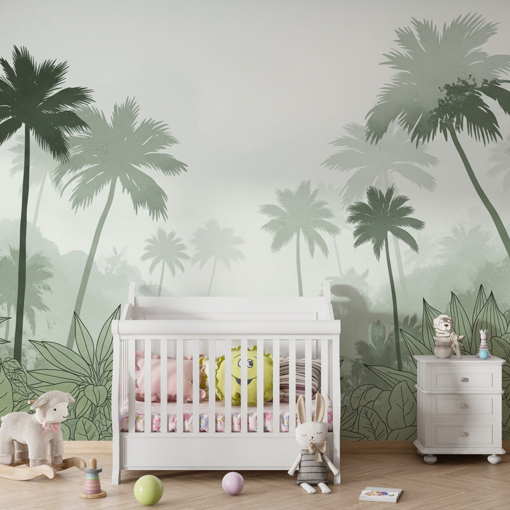 Green jungle themed mural wallpaper transforming child's bedroom into tropical sanctuary with natural decor