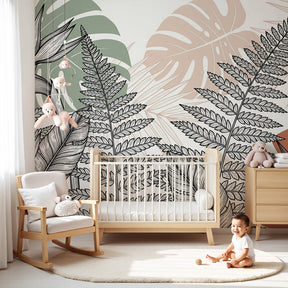 Enchanted jungle mural wallpaper in modern nursery with black white botanical design by Kids-Mundo