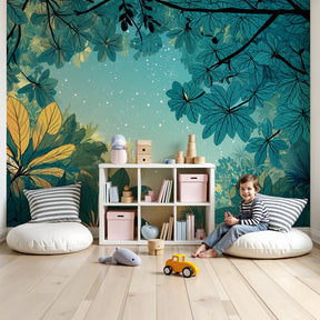 Jungle mural wallpaper with starry tropical foliage in modern nursery setting by Kids-Mundo