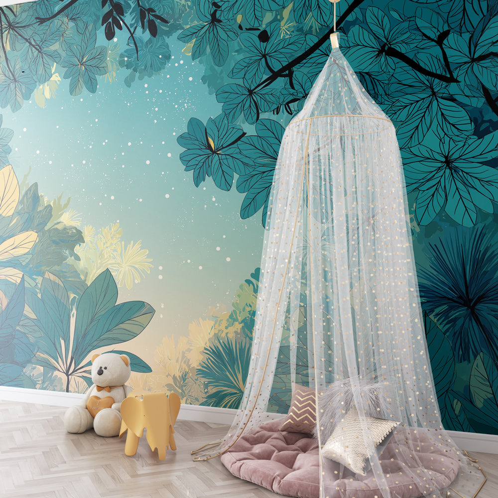Tropical forest wallpaper transforming children's playroom into enchanted jungle space