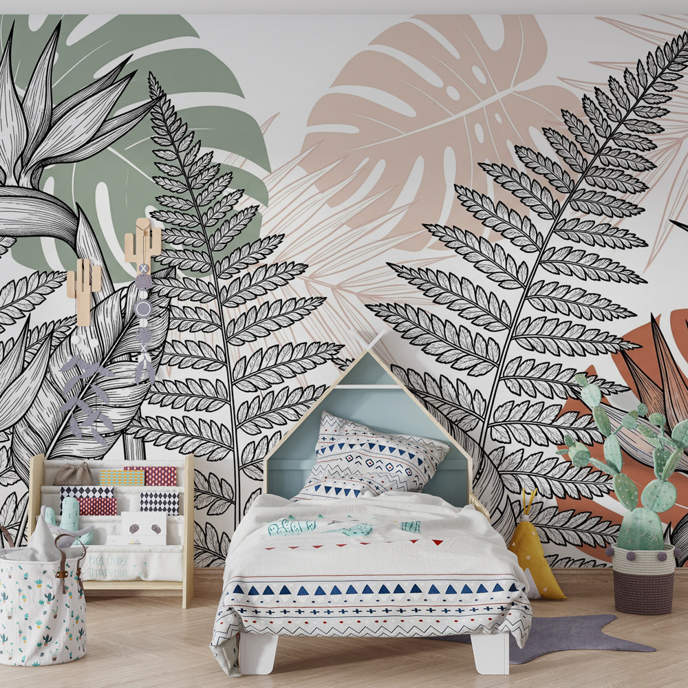 Black white jungle mural wallpaper transforming children's playroom into botanical paradise
