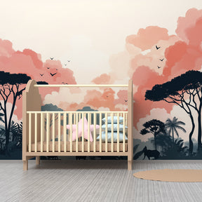 Soft jungle safari mural wallpaper with animal silhouettes in children's playroom