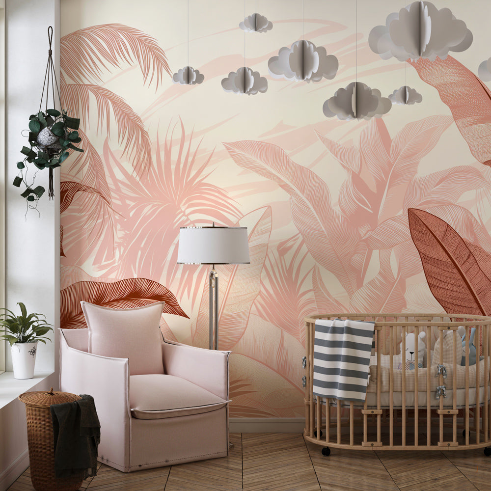 Beige and pink jungle wallpaper transforming toddler room into peaceful botanical paradise