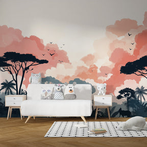 Pastel jungle wallpaper creating magical tropical atmosphere in kids bedroom