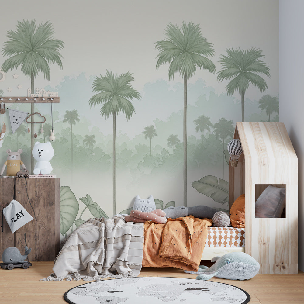 Peaceful children's bedroom with jungle palm wallpaper creating tropical atmosphere