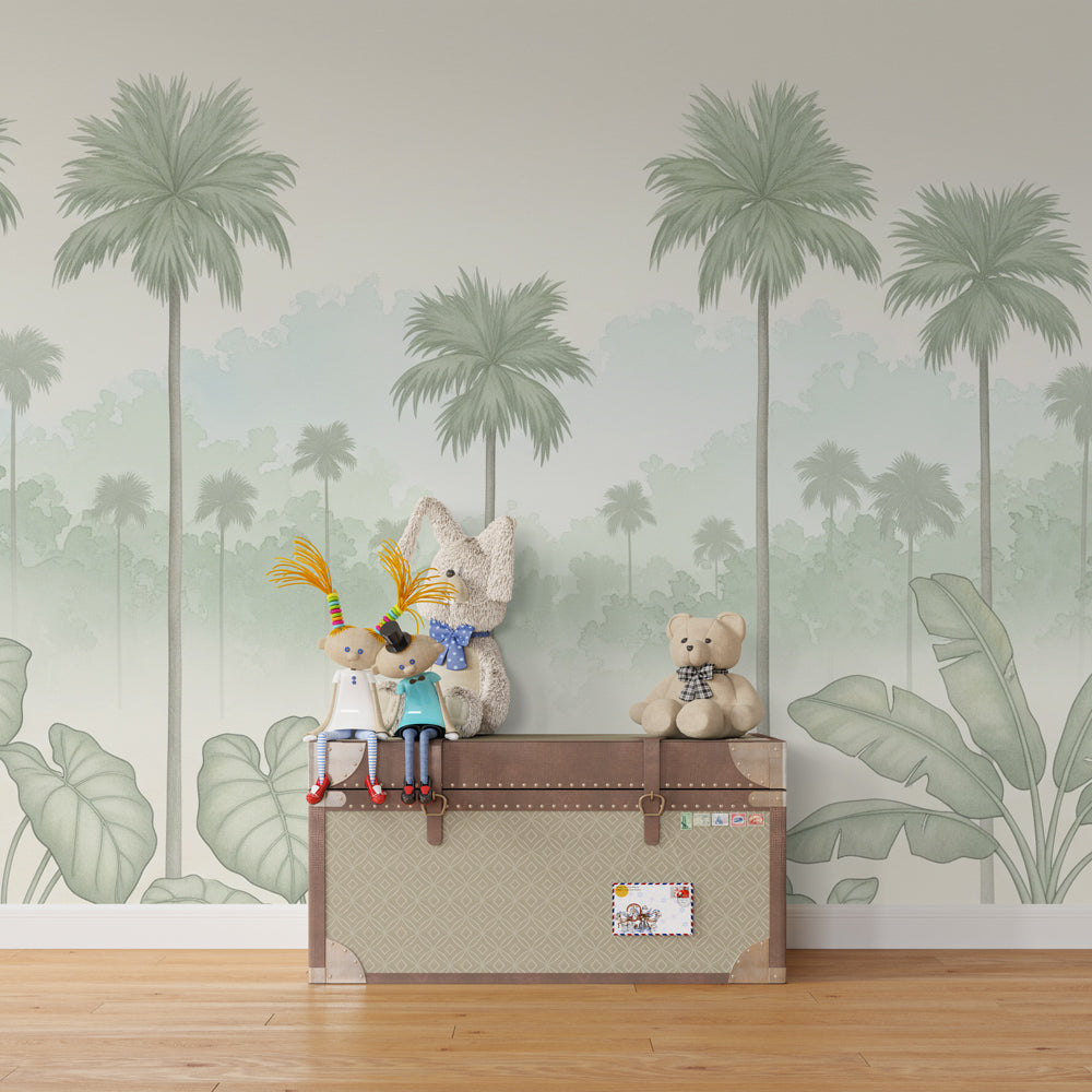 Kids playroom featuring tropical palm trees mural wallpaper with natural decor