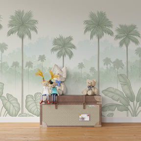 Kids playroom featuring tropical palm trees mural wallpaper with natural decor