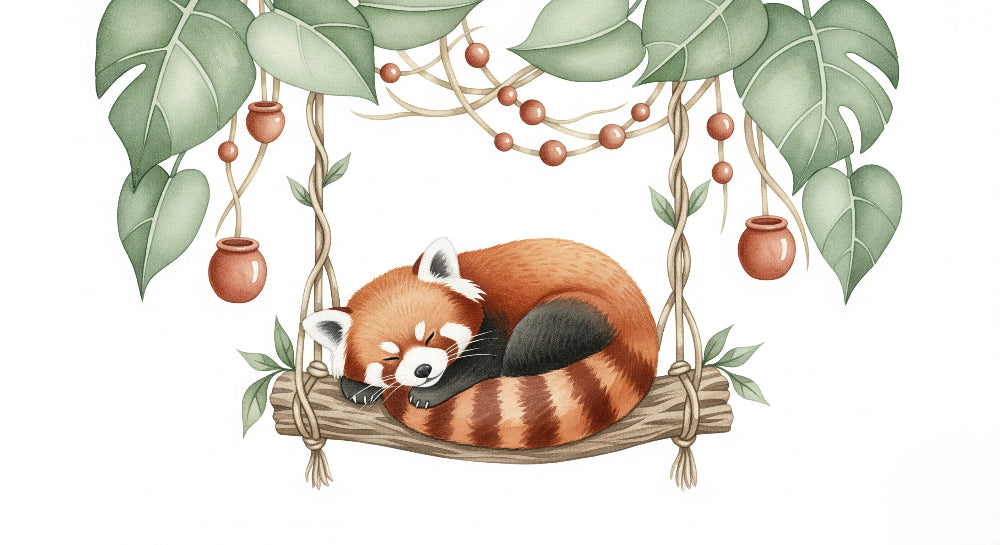 Detailed red panda jungle mural wallpaper design pattern showing sleeping panda by Kids-Mundo