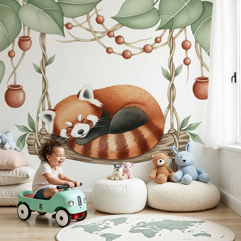Jungle panda mural wallpaper featuring sleeping red panda in modern nursery by Kids-Mundo
