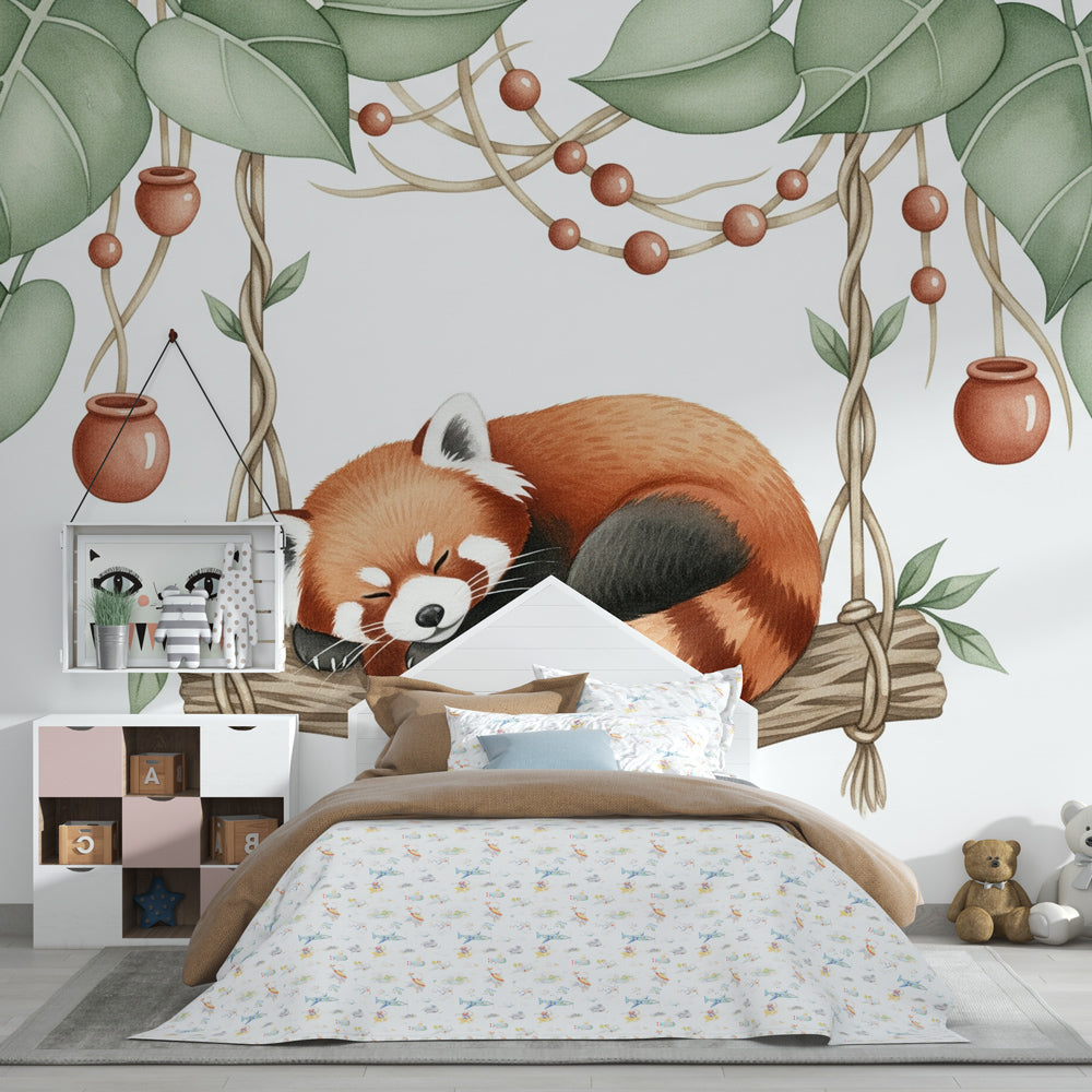 Nature-themed panda wallpaper transforming kids room into tranquil jungle sanctuary