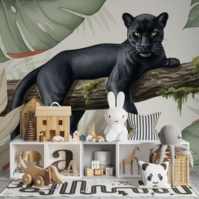 Majestic panther wallpaper creating wild adventure theme in children's bedroom decor