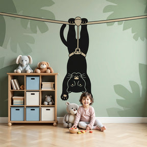 Jungle panther mural wallpaper in modern nursery with natural wood furniture by Kids-Mundo