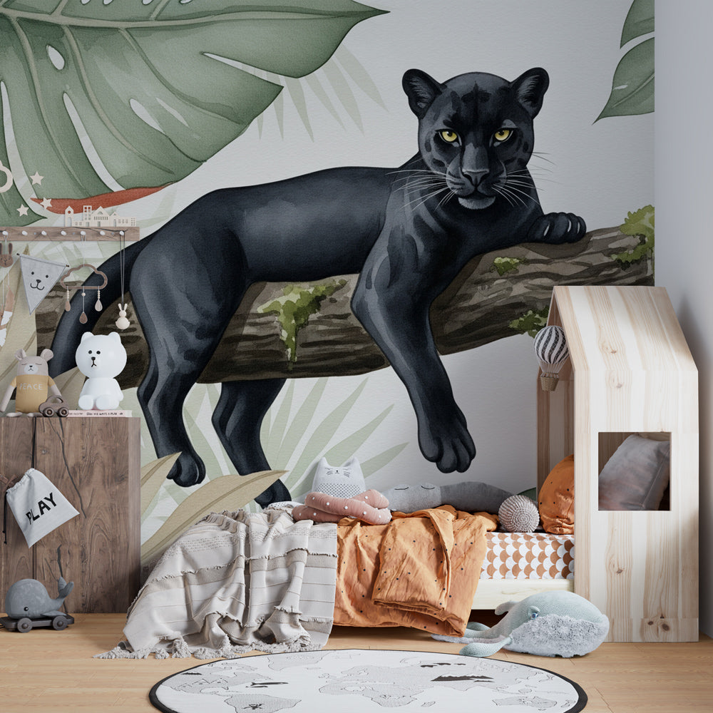 Tropical jungle panther mural wallpaper transforming kids playroom into wildlife sanctuary
