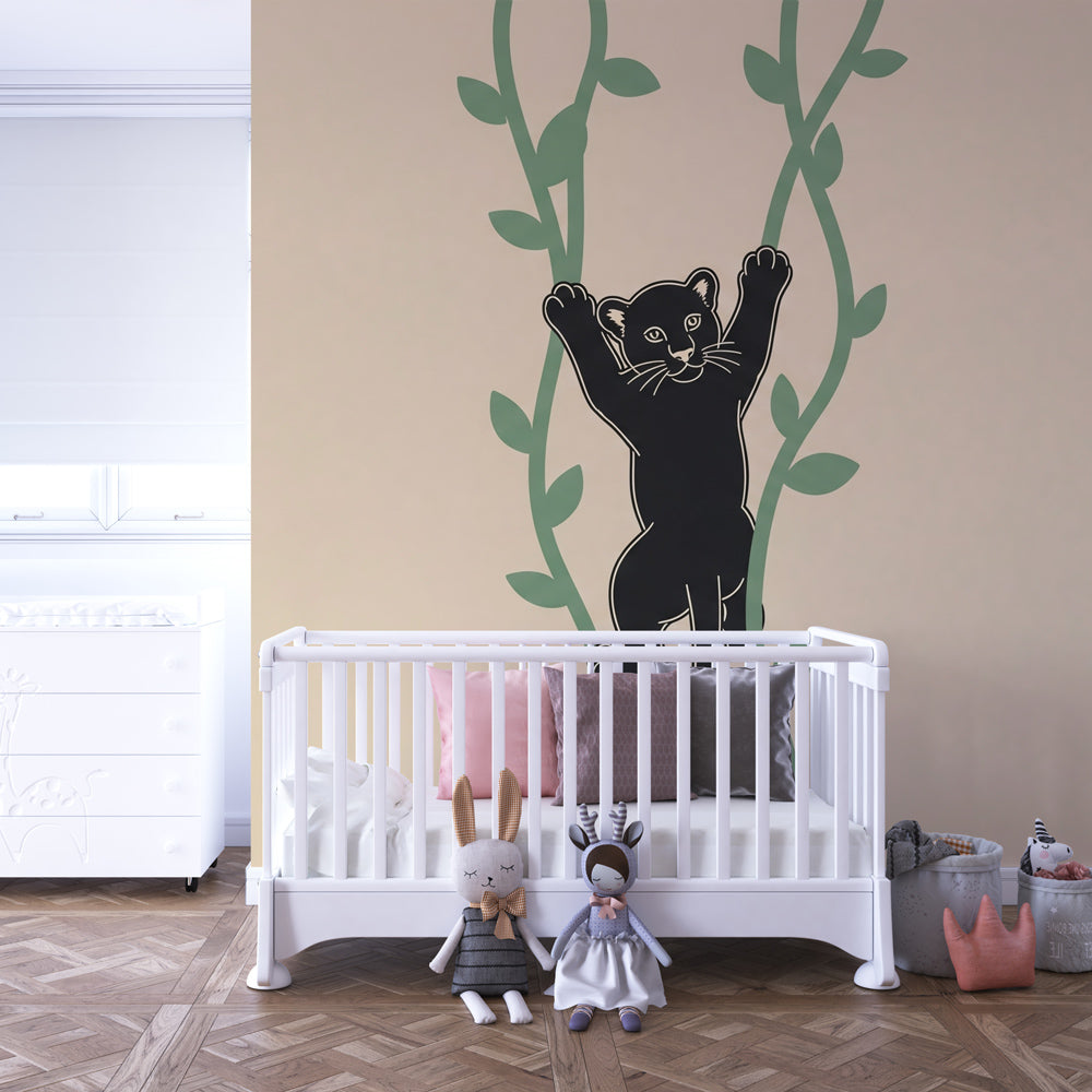 Animal jungle mural wallpaper with panther cub design in colorful kids playroom setting