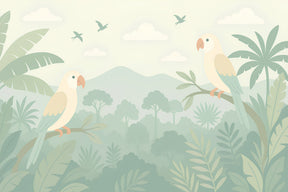 Detailed jungle parrot mural wallpaper design pattern with tropical birds and foliage by Kids-Mundo