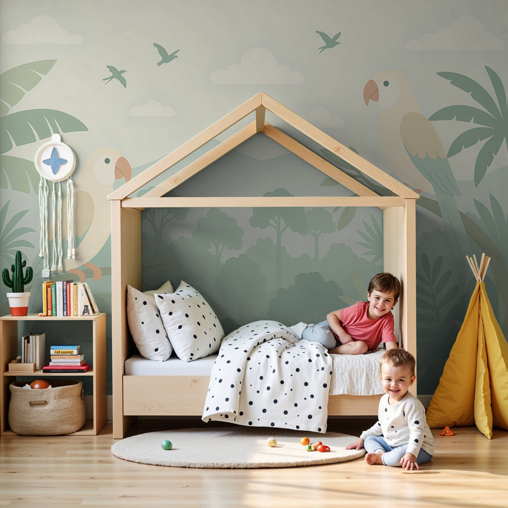 Jungle parrot mural wallpaper in serene nursery with natural wood furniture by Kids-Mundo