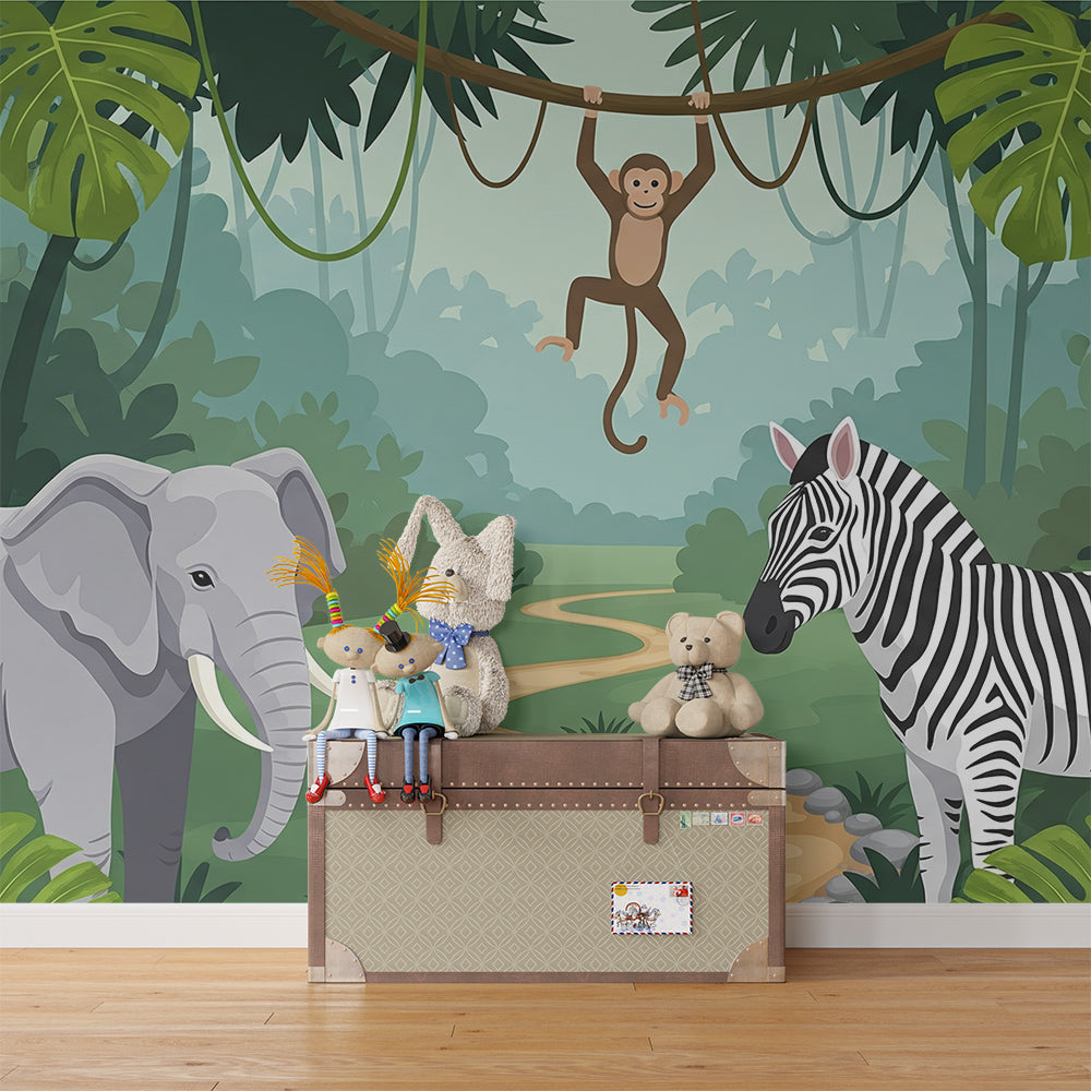 Kids-Mundo elephant and zebra wall mural with monkey shown in a bright playroom