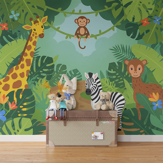 Kids-Mundo jungle giraffe and monkey wall mural styled in a colourful kids bedroom