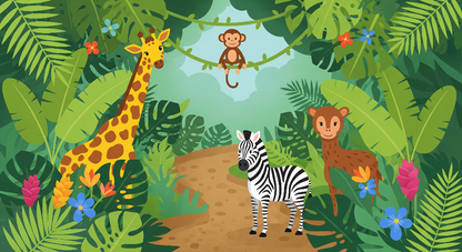 Kids-Mundo flat artwork preview of the jungle path giraffe, zebra and monkey wall mural design