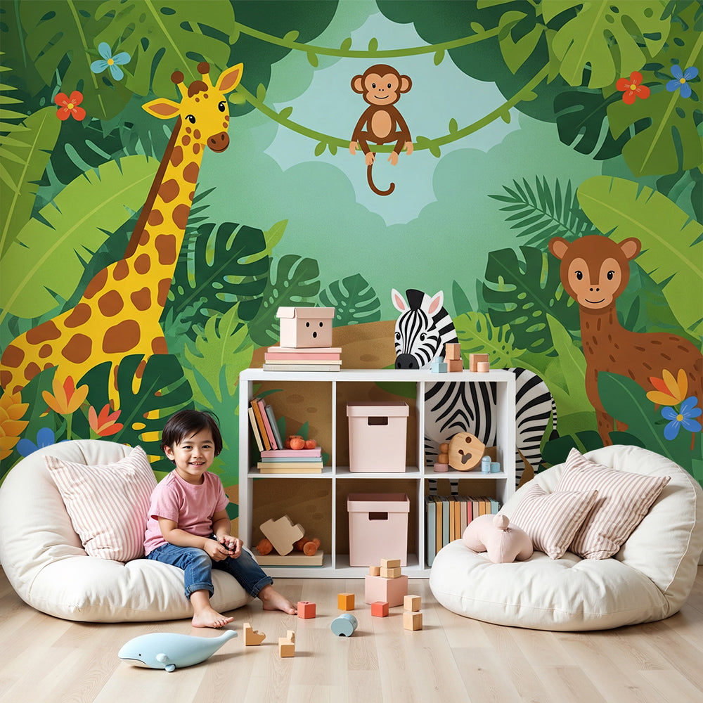Kids-Mundo jungle wall mural with giraffe and zebra in a bright nursery room setting