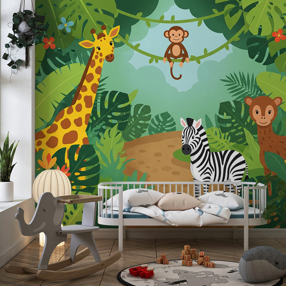 Kids-Mundo jungle animal wall mural brightening a playful children's playroom wall