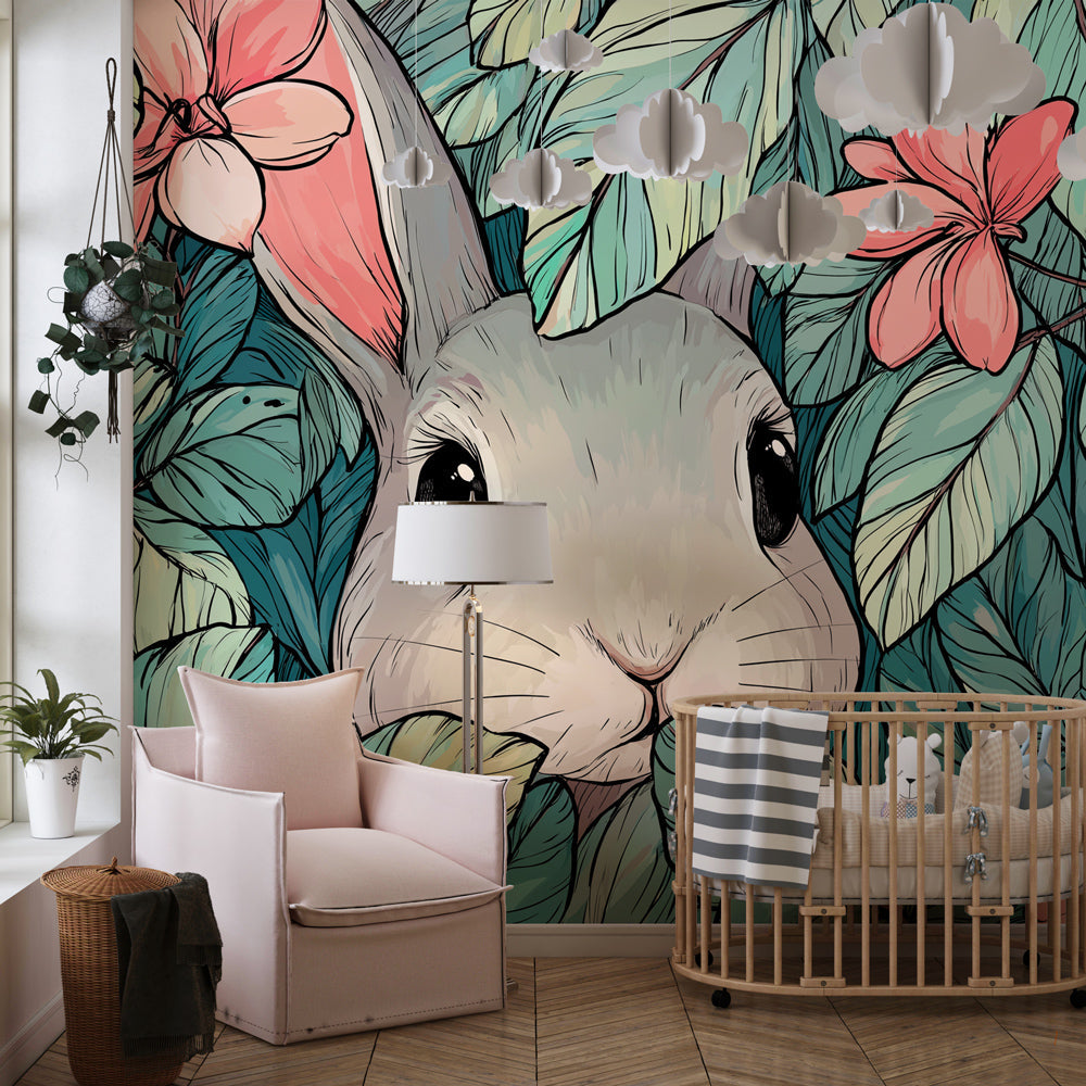 Nature-inspired rabbit mural wallpaper transforming playroom into woodland sanctuary