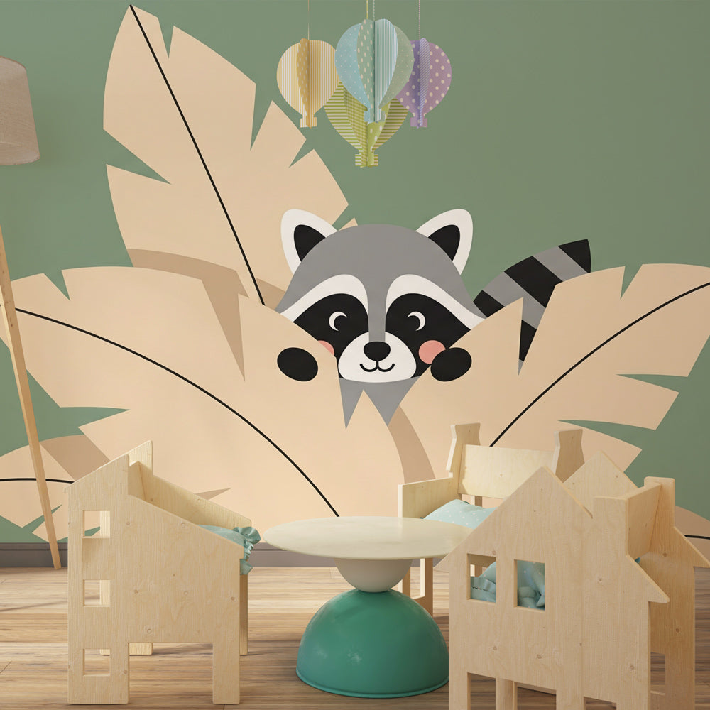 Playful jungle animal mural wallpaper decorating cozy toddler bedroom space