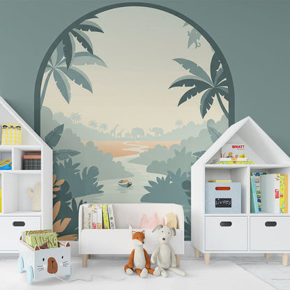 Kids-Mundo tropical jungle river mural covering a feature wall in a child's bedroom