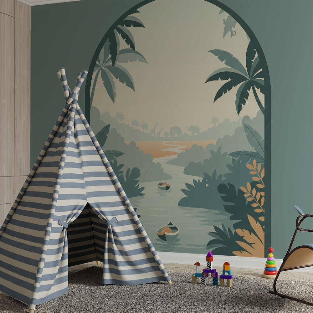 Kids-Mundo jungle river arch wall mural brightening a playroom wall with leafy green tones