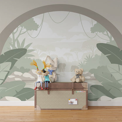 Kids-Mundo stone arch elephant wall mural above a bed in a kids bedroom