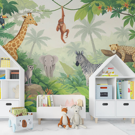 Kids-Mundo tropical jungle wall mural in a colourful children's bedroom with leopard and toucan.